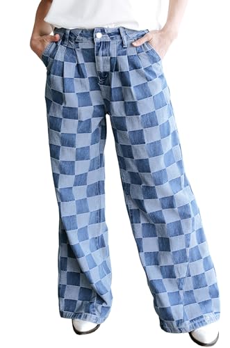 ebossy Women's Trendy Plaid Wide Leg Denim Pants High Waist Baggy Loose Checkerboard Patern Long Jeans