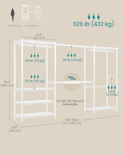 SONGMICS Heavy-Duty Clothes Rack, Extendable Garment Rack, Portable Closet with Adjustable Mesh Shelves and Hanging Rails, Hooks, 15.8 x 69.7-86.6 x 76.4 Inches, White ULGR438WZ01S - 5