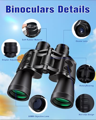 Sfeoot 20x50 High Powered Binoculars for Adults, Clear Durable Binoculars for Bird Watching Sightseeing Wildlife Watching Travel Hunting Football Games Stargazing with Carrying Case & Strap - Thumbnail 2