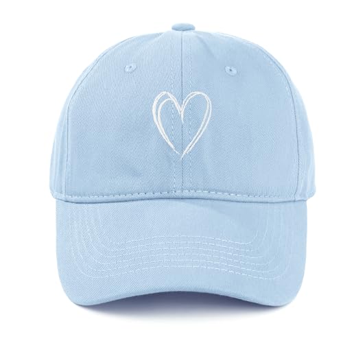 Womens Light Blue Embroidered Heart Baseball Cap - Cute Love Letter Adjustable Cotton Sun Hat for Women Baby Blue Dad Hat for Valentines Day Gift Outdoor Sports & Daily Wear