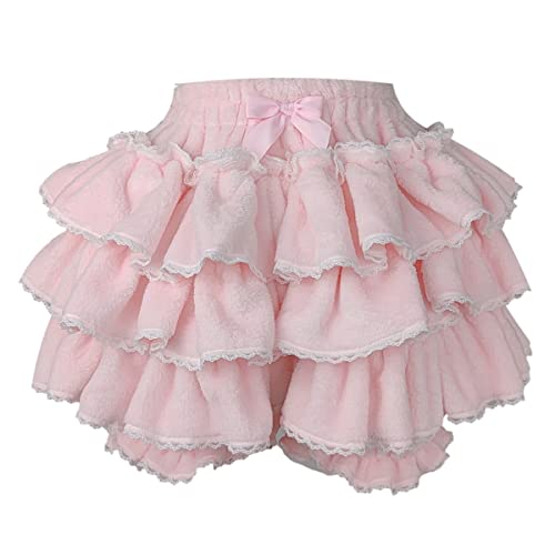 Women Lolita Bloomers Teens Japanese Cute Maid Tiered Ruffle Bloomer Shorts Kawaii Fuzzy Fluffy Pumpkin Pants Pettipants (Pink) Medium