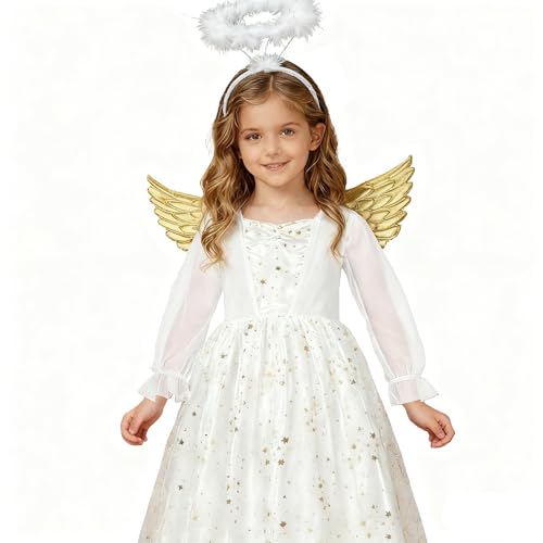 DERAYEE Costume d'ange pour Noël,Robe d'ange avec Paillettes,des Ailes Dorées et un Serre-tête Fille,Déguisement Costume d'ange Enfant pour Noël Cosplay Halloween Carnaval (S)