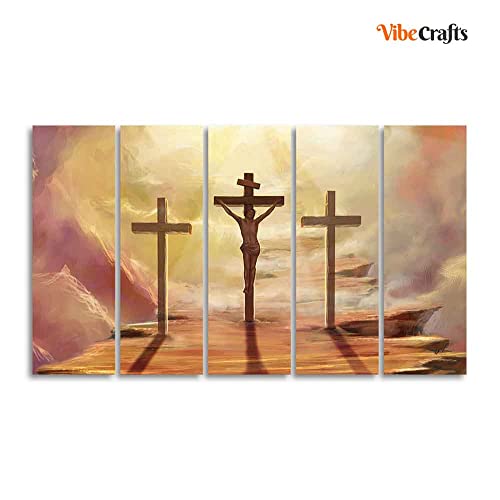 Image of VIBECRAFTS Jesus Cross with Moon Dark Background Five Pieces Canvas Wall Painting For Home|Office|Living Room|Gift (PTVC5Pcs4 8588)
