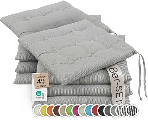 ZOLLNER 8er Set Sitzkissen in 40x40cm - gemütliche Stuhlkissen mit Bindebänder - waschbar bis 30°C - in grau-weiß-gestreift - Oeko Tex® Zertifiziert
