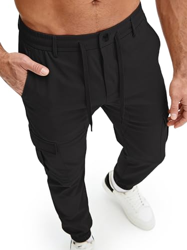 PLEPAN Mens Casual Cargo Joggers Pants Drawstring Elastic Waist Tapered Work Pants Twill Slim Fit Outdoor Hiking Pants with 6 Pockets Streetwear Black Large