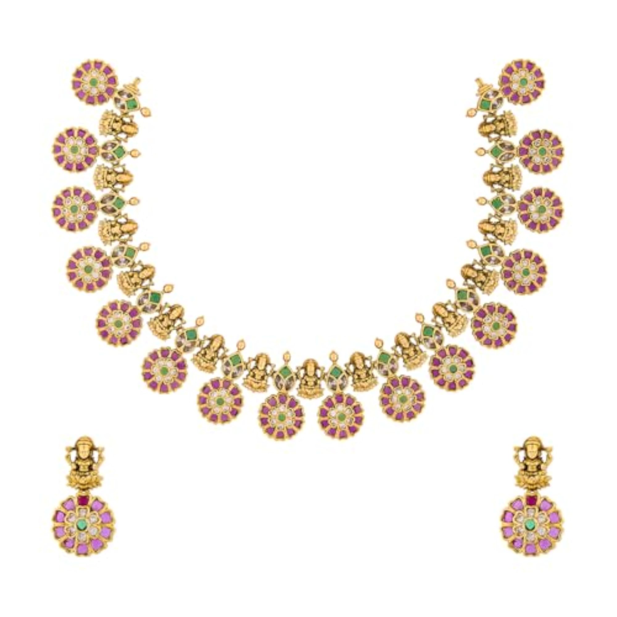 Ruby-Green Gold Polished Copper Antique Necklace with Earrings