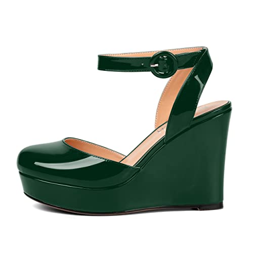 ROSERWISH Womens Patent Round Toe Sexy Ankle Strap Buckle Wedding Platform Wedge High Heel Pumps Dress Shoes 4 Inch2