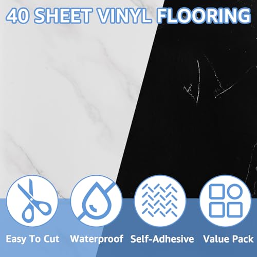 AKOLAFE 40 Sheet Vinyl Flooring 12x12 Peel and Stick Floor Tile Waterproof Clearance Vinyl Floor Tiles Bk&Wh Marble Self Adhesive Floor Tiles Sticky Laminate Flooring for Bathroom Kitchen Basement RV - Thumbnail 3