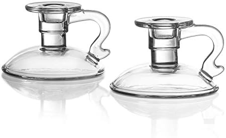 Glass Candle Holder for Candlesticks - Set of 2, Chamberstick Style with Handle, 4 Inch, Modern Farmhouse Design, Clear Glass, Wedding Centerpiece or Vintage Christmas Decor