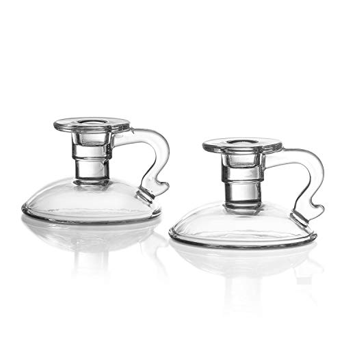 Glass Candle Holder For Candlesticks - Set Of 2, Chamberstick Style With Handle, 4 Inch, Modern Farmhouse Design, Clear Glass, Wedding Centerpiece Or Vintage Christmas Decor #TOP12