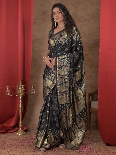 Image of Satrani Women's Crepe Foil Printed Weaving Banarasi Saree with Unstitched Blouse Piece