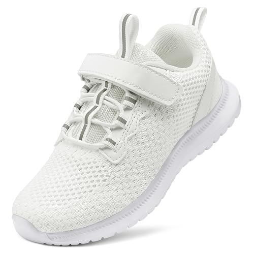 RUNSIDE Zapatos deportivos para niños y niñas, ligeros, atléticos, para caminar/correr (bebés/niños pequeños/niños grandes), Blanco, 9 Toddler
