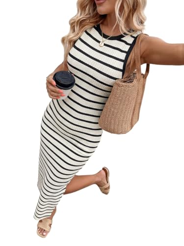 Chicrise Damen Kleider Gestreiftes Sexy Strandkleid Rundhals Enge Ärmelloses Leichter Sommerkleid Long Casual SchwarzWeiß Mittel 38-40 M – Ansicht 1