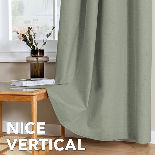 Image of H.VERSAILTEX Linen Curtains 100% Blackout Curtains for Bedroom 108 inch Long Full Light Blocking Nature Linen Blended Window Curtains for Living Room Nickel Grommet (2 Panels, Heathered Dried Sage)