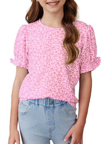 blibean Tween Girl Floral Shirt Kid 2024 Summer Ruffle Short Sleeve Tshirt Fashion Boho Dress Clothes Age 14T-15T (Size 14 15 16 Year) Hot Pink