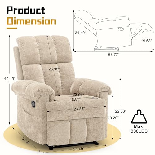 Image of Korser Recliner Chair, Living Room Recliner Chairs for Adults, Small Recliners for Small Spaces, Upholstered Manual Recliner with Side Pockets, Nursery Recliner Chair for Living Room, Chenille, Khaki