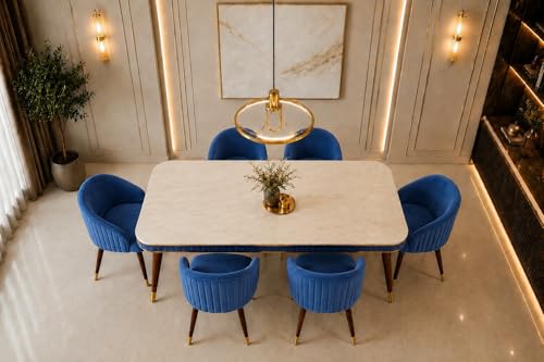 Image of WOODEN SPACE 6-Seater Wooden Dining Table Set | Nano Composite Marble Top | Solid Wood Base | Modern Dining Room Furniture with 6 Chairs (Modern Blue)