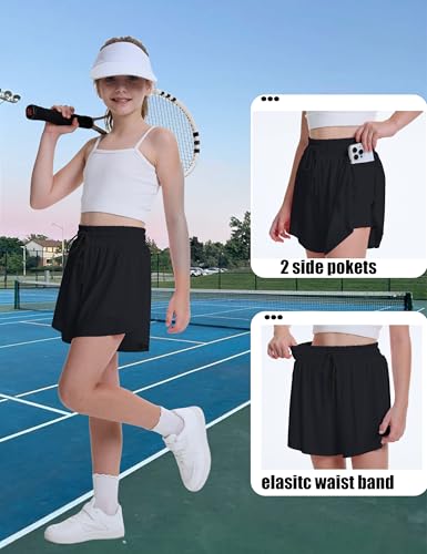 ANTLOOWW Mädchen Shorts Kurze Hosen Elastischer Bund Taschen, Radlerhose Mädchen Stretchshorts Geeignet für Laufen, Freizeit, Fitness, Schule (DE/NL/SE/PL, Alter, 5 Jahre, 8 Jahre, Regular, Schwarz)