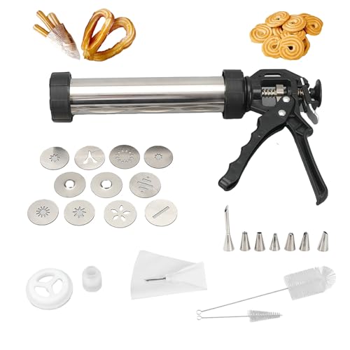 Churro Maker Machine, 3-In-1 Multifunctional Cookie Press, 304 Stainless Steel Churro & Cookie Press Gun, Hollow Churros Making Kit with Piping Bag, 2 Brushes, 10 Cookie Discs and 7 Piping Nozzles