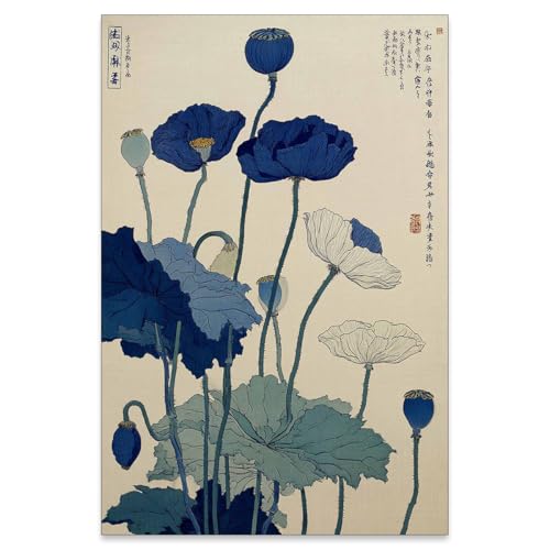 Japanese Canvas Wall Art Vintage Lotus Flower Posters Blue Floral Asian Landscape Print Zen Nature Botanical Painting Modern Ukiyo-E Wall Decor For Living Room Bedroom Office 12x16in Unframed