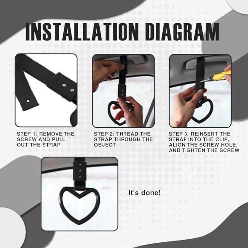 Image of 2PCS Heart Shaped Car Handle Straps, Rear Bumper Warning Keychain Ring for Car Exterior Accessories (Black)