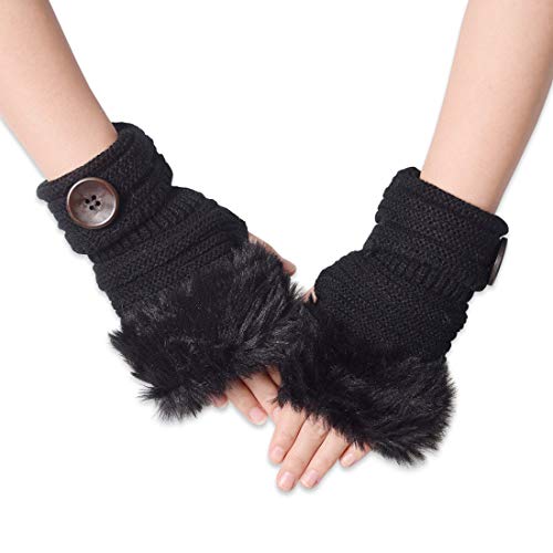 LassZone Damen Handgelenk Länge gestrickte Armstulpen Plüsch Fingerlose Touchscreen Daumenloch Winter Handschuhe Fashion Fäustlinge Einheitsgröße Schwarz Cover