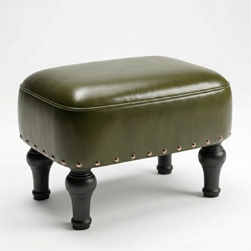 Cmishe Ottoman Leather Footrest, Vintage Footstool with Hidden Storage, Thickened Foam Upholstered Seat, Solid Beechwood Legs, Under Desk Shoe Bench Small Bench for Living Room Dining Room (Green)