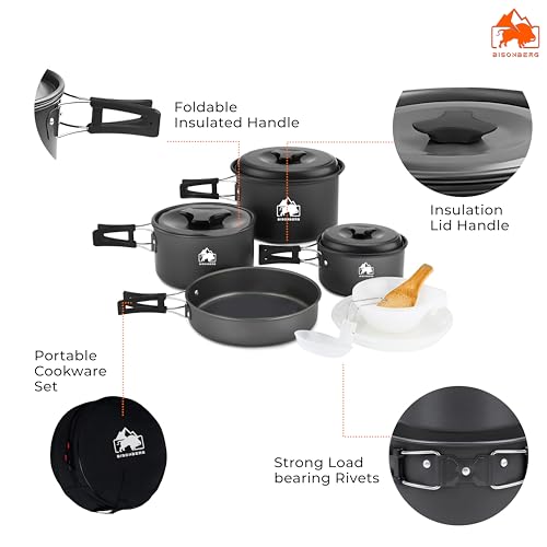Image of BISONBERG 12 Pcs Camping Cookware Set, Mess Kit, Camping Accessories for Outdoor, Camping Utensils with Carry Bag, Camping Bowl Pot Pan Set - Nonstick Aluminum - for 4-5 People Without Kettle