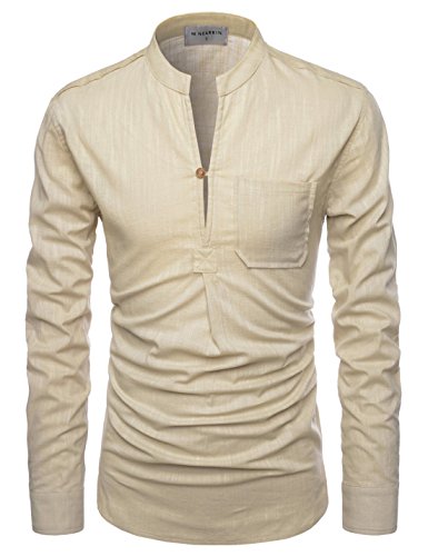 NEARKIN (NKNKN351 Henley Neck Light Weight Chinese Collar Cool Linen Shirts Beige US XL(Tag Size XL)