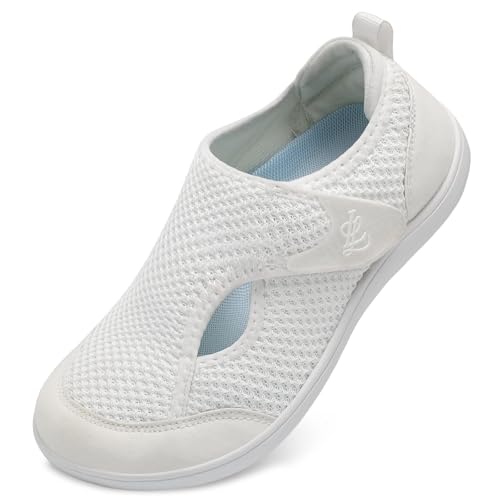 JOINFREE Barfota-promenadskor för kvinnor med bred passform – Zero Drop Comfort Trainers med justerbar rem, andningsbara, halkfria vardagsskor för svullna eller känsliga fötter, Vitt, 40 EU Bred