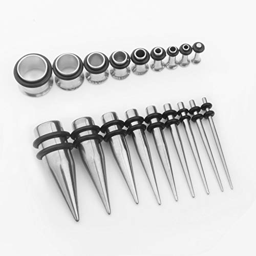 Cabbe Kallo 14G-00G 36Pcs Ear Gauges Stretching Kit Surgical Steel Tapers Tunnels Plugs Piercing Set Body Jewelry, Silver Tone #TOP2