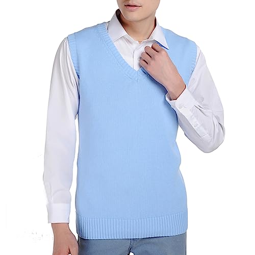 Image of Men Women Knitted Cotton V-Neck Vest JK Uniform Pullover Sleeveless Sweater School Cardigan