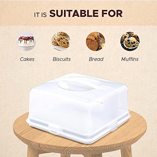 Pkge Square Handheld Portable Plastic Cake Box Carrier Container Case Holder with 4 Locking Clips in Lid for Storage of Food/Cookies/Cupcakes/Cakes/Fruits (30cmx15cm, Transparent)
