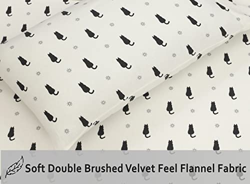 Ruvanti Flannel Sheets King Size - 100% Cotton Brushed Flannel Bed Sheet Sets - Deep Pockets 16 Inches (Fits Up To 18") - All Seasons Breathable & Super Soft - Warm & Cozy - 4 Pcs - Black Cat #TOP4