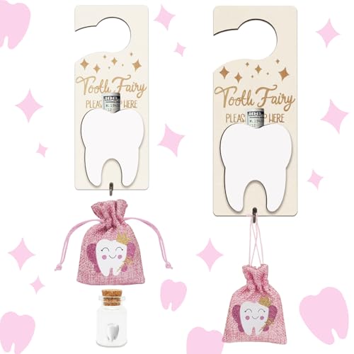 AINBIN 3PCS Tooth Fairy Tooth Holder, Tooth Fairy Door Hanger with Money Slot, Keepsake Bottle & Burlap Pouch for Lost Teeth, Encourage Gift for Boys Girls,Pink