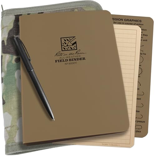 Rite in The Rain Weatherproof Binder Kit: Multicam Cordura® Cover, Tan Binder, 50 Sheets Tan Universal Loose Leaf, Weatherproof Pen (No. 9200M-KIT), 8.875 x 5.75 x 0.625