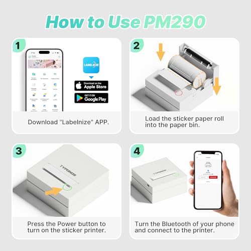TYPONOS Sticker Drucker, PM290 Mini Drucker für Smartphone, Bluetooth Thermodrucker Mini mit 3 Rollen Papier, Minidrucker für Studiennotizen, Tagebücher, DIY Geschenke – Schule Büro, Weiß, 1 Pack