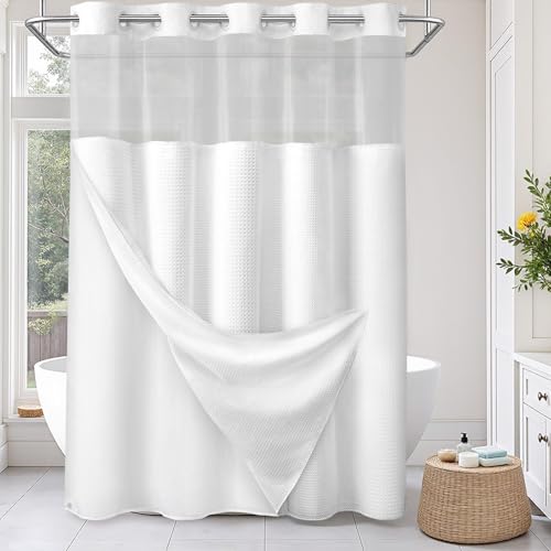 SMTHOM No Hook Shower Curtain and Liner Set,White Hotel Waffle Shower Curtain for Bathroom 75