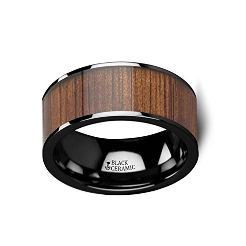 Atreus Polished Black Ceramic Flat Wedding Band With Exotic Hawaiian Koa Wood Inlay 10Mm - Size: 10 #TOP2