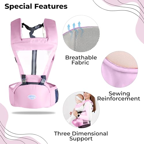Image of Bembika Baby Carrier with Hip Seat - Soft Kangaroo Bag & Sling Carrier, Multiple Carry Positions, Adjustable Infant Carrier for Hands Free Parenting -(3-24 Months | 3-15 Kg | Light Pink)