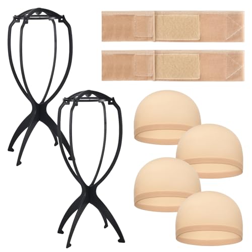 Suncalla 2 Wig Stand, 2 Pack Wig Band, 4 Stocking Wigs Caps Accessories for Wigs Travel Gifts for Women(Beige)