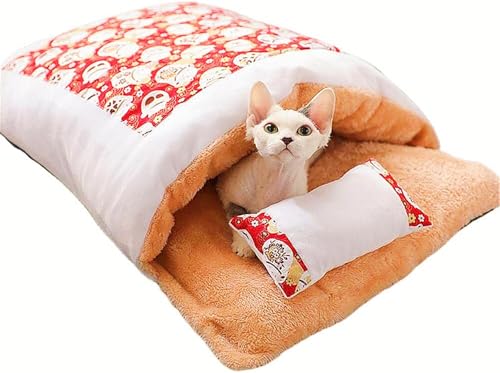 ZanPol ペットベッド 猫ベッド 猫用ふとん 枕付きトンネル お布団 猫用寝袋 可愛い 大きい 猫グッズ ペット布団 ふわふわ 柔らかい 保温 小型犬 通年利用 おしゃれ 大きめ 耐噛み 冬/寝床 防寒 保温 ペット用品 (L,レッド)