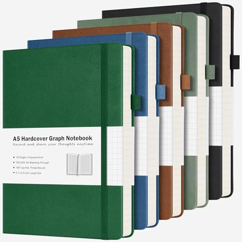 Graph Paper Notebook, 5 Pack Hardcover Notebook, Grid Notebook Journal for Women, Men, Large Leather Journals for Writing, Thick Paper, A5 Notebooks for Work, School Supplies, Engineering, 5.7"x8.5"