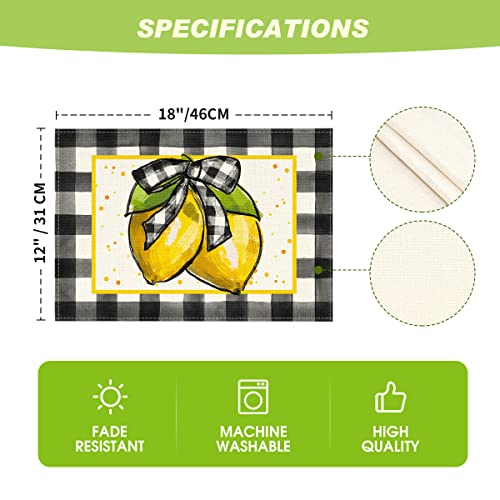 Artoid Mode Buffalo Plaid Lemon Placemats For Dining Table, 12 X 18 Inch Summer Seasonal Decoration Rustic Washable Table Mats Set Of 4 #TOP5