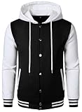 HOOD CREW Hooded Varsity Bomber Jacket Cotton Blend Letterman Hoodie Baseball Jackets for Men Black M