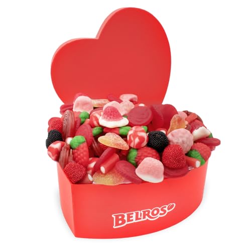 BELROS Pack 1,5kg de Gominolas y Chuches. Caja Forma de Corazón. Idea para Regalo Romántico, Dia del Padre, Ideal para Parejas, Dia de la Madre. Ocasión Especial. Surtido de Dulces