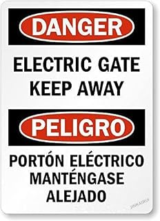 Electric Gate Keep Away Warning Plaque Wall Decor - Peligro Porton Electrico Adhesive and Labels Metal Tin Outdoor & Indoor Safety Sign 8"x12"