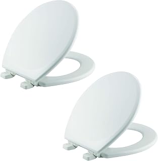 Mayfair Linden Slow Close Toilet Seat, Non Slip Heavy Duty Wood, Easy Install, Made in USA, Round, White, 2 Pack