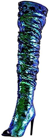 CAMSSOO Women's Sparkle Sequins Over The Knee Boots Fashion Sexy High Heels Thigh High Boots Open Toe Party Dance Stiletto Knee High Boots Blue Size US 9.5 CN42