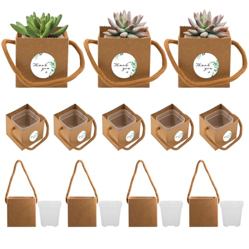 20 juegos de envases suculentas macetas de plástico y bolsas de regalo de papel kraft con asas para bodas, baby shower, regalos para invitados
